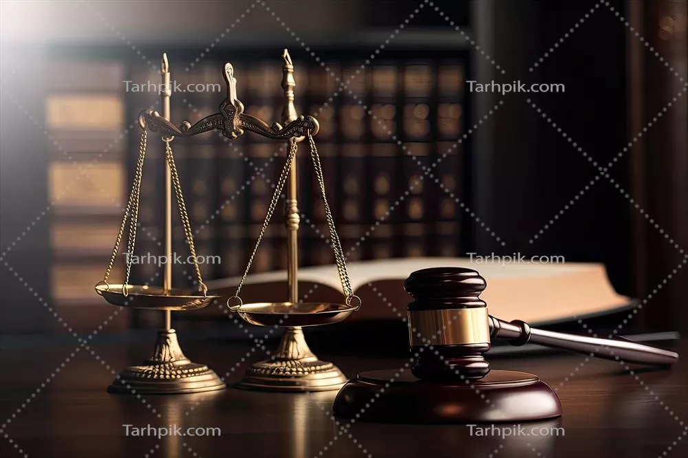 تصویر قاضی با چکشی در حال بحث و گفت و گو در میان وکلای تیم در یک شرکت حقوقی