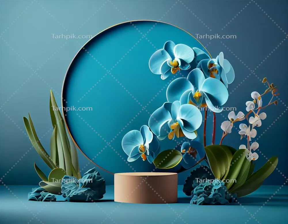 پلتفرم دایره‌ای انتزاعی سه‌بعدی برای ارائه محصولات با اشکال هندسی و نورپردازی
