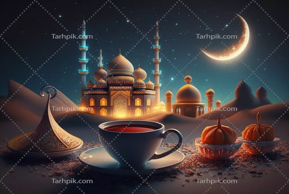 پیشزمینه جشن رمضان کریم با فنجان چای و خرما برای منوی افطار