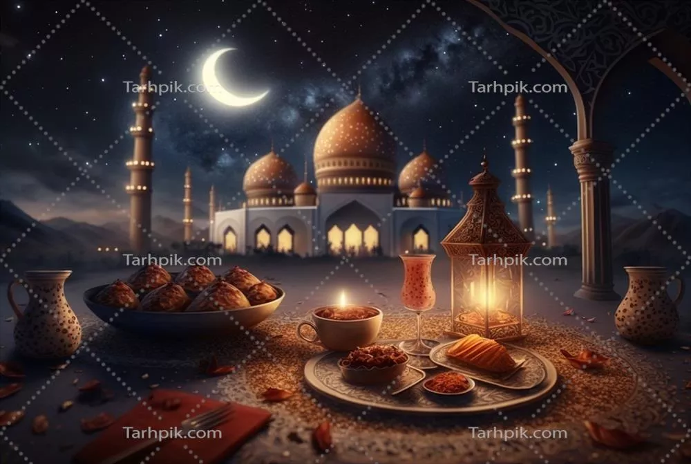 پسزمینه جشن رمضان کریم با لیوان چای و خرما برای منوی افطار