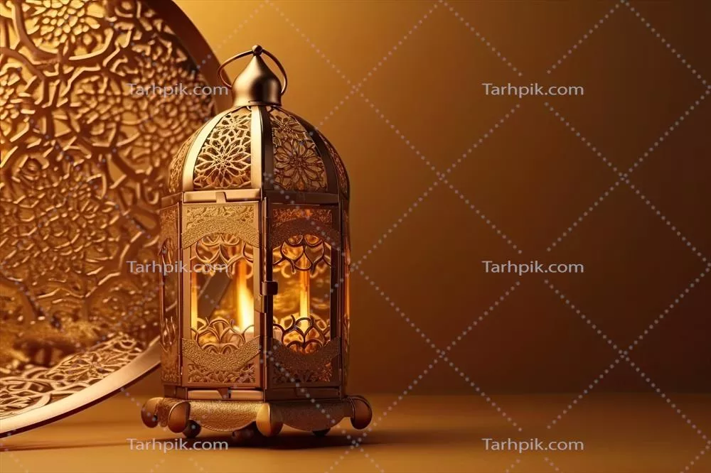 چراغ های زینتی اسلامی با پایه و شمع در نور ماه رمضان بر روی پس زمینه سبز
