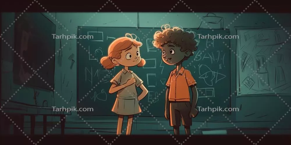 تصویر کارتونی دو کودک در کنار یکدیگر با تخته سیاه به همراه هوش مصنوعی تولیدی
