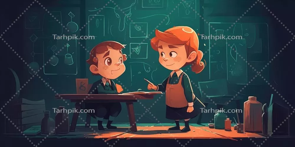 تصویر کارتونی از دو کودک در حال ایستادن کنار تخته سیاه با استفاده از هوش مصنوعی تولیدی