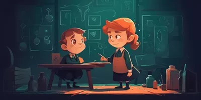 تصویر کارتونی از دو کودک در حال ایستادن کنار تخته سیاه با استفاده از هوش مصنوعی تولیدی
