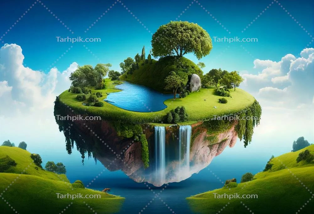 جزیره‌ای خیالی با آبشارها - تصویرسازی سه‌بعدی با عناصر فراهم‌شده توسط ناسا و هوش مصنوعی تولیدی