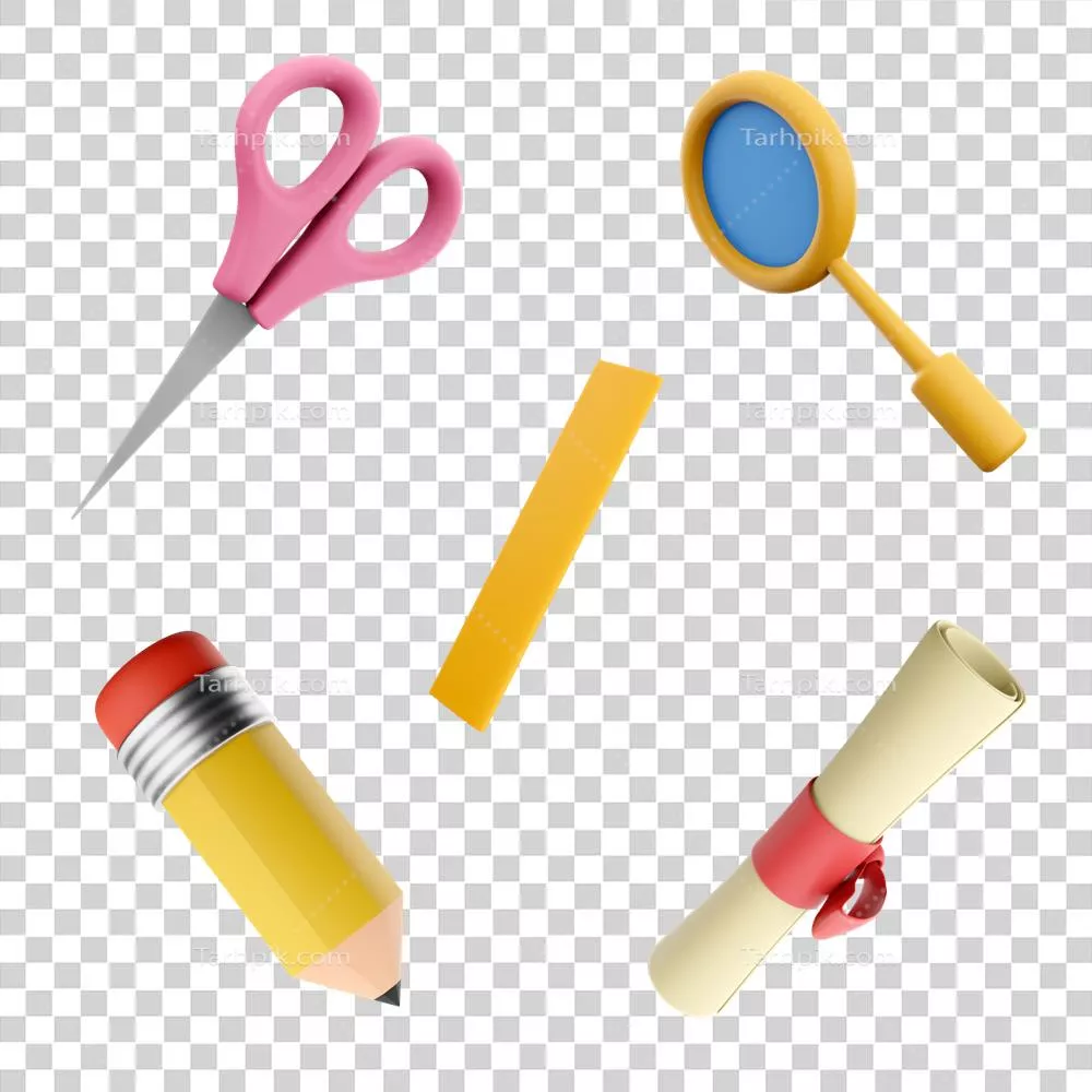 مجموعه آیکون‌های ۳ بعدی شامل قیچی، ذره‌بین، خط‌کش و مداد با پاک‌کن و دپلما