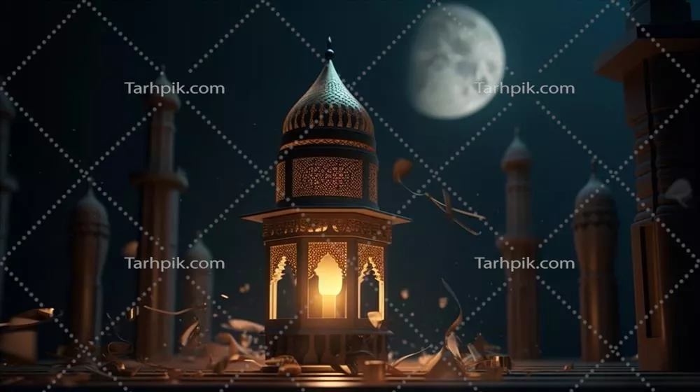 کارت تبریک رمضان کریم با طراحی هنر هوش مصنوعی از فانوس عربی، ماه و مسجد در شب
