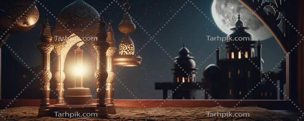 کارت تبریک رمضان کریم با طراحی هنری: فانوس های عربی، ماه و مسجد در شب