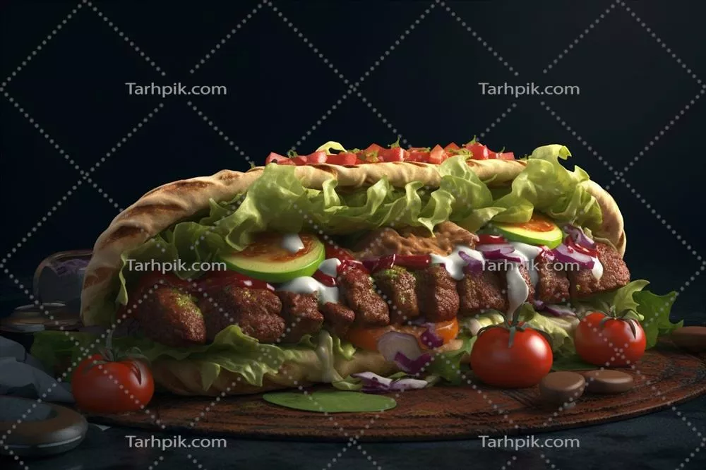 کباب خوشمزه با سبزیجات بر روی تخته چوبی در پسزمینه تاریک