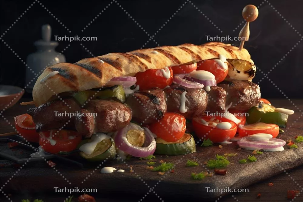 کباب سیخی کبابی شده با سبزیجات روی تخته چوبی - هنر آشپزی هوش مصنوعی