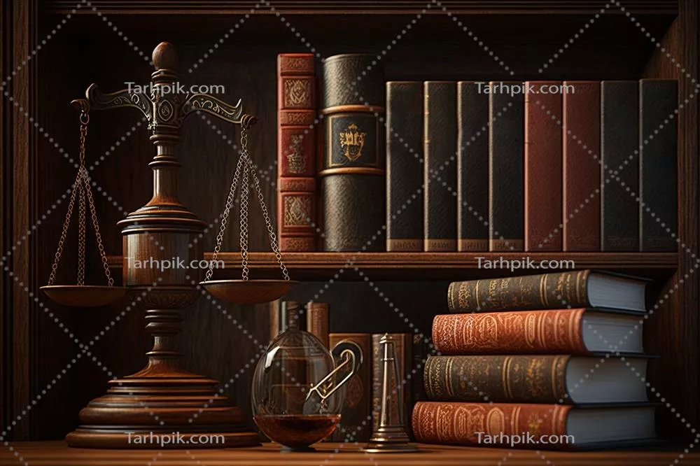 تصویر مجازی از چکش قاضی، تراز و کتابهای حقوقی در قفسه کتابها