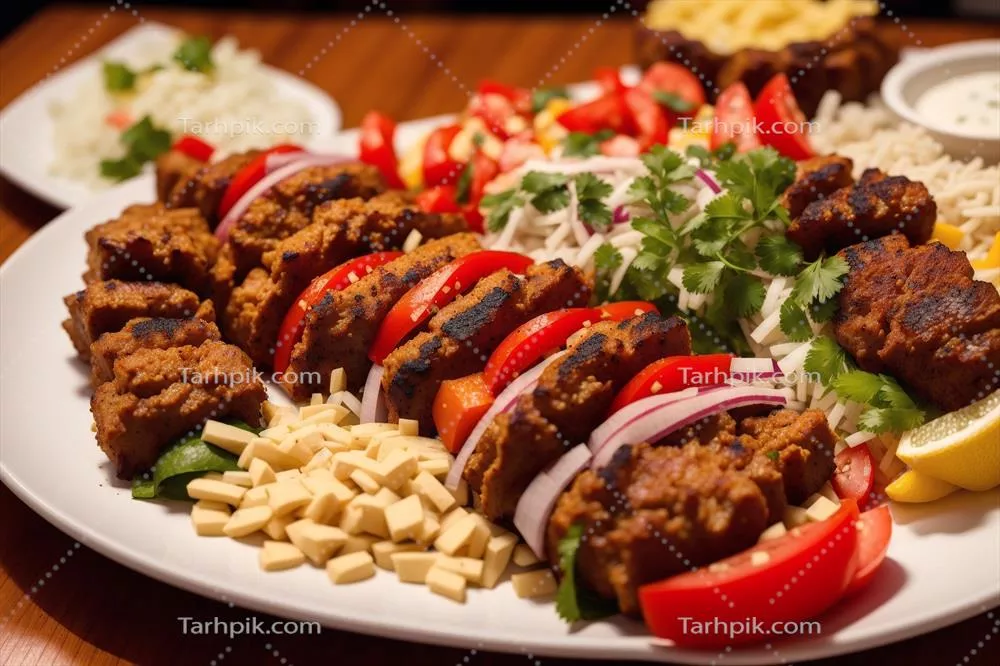 یک بشقاب با دونر کباب بر روی یک میز چوبی و سیخ کباب گوشت