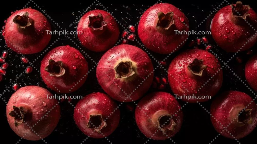 پس‌زمینه‌ی بی‌درز انارها با قطرات آب نمایشی به‌وسيله‌ی هوش مصنوعی