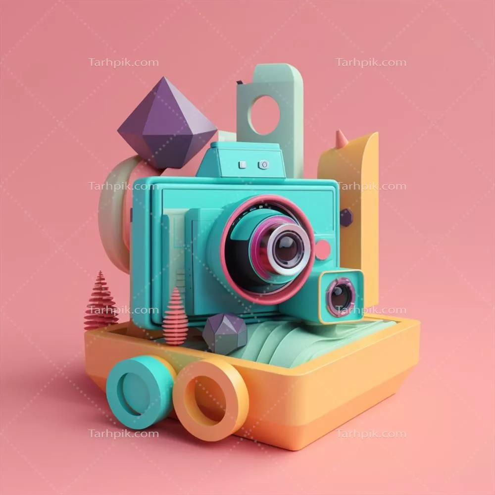 دوربین و اشیاء هندسی با پالت رنگ‌های مد روز برای تبلیغات با هوش مصنوعی مولد