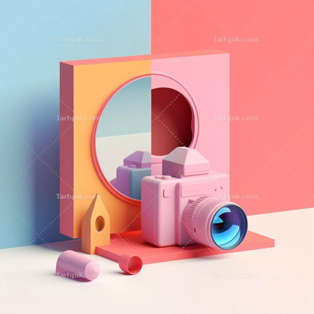 دوربین و اشیاء هندسی در پالت رنگی پرطرفدار برای تبلیغات با هوش مصنوعی تولیدی