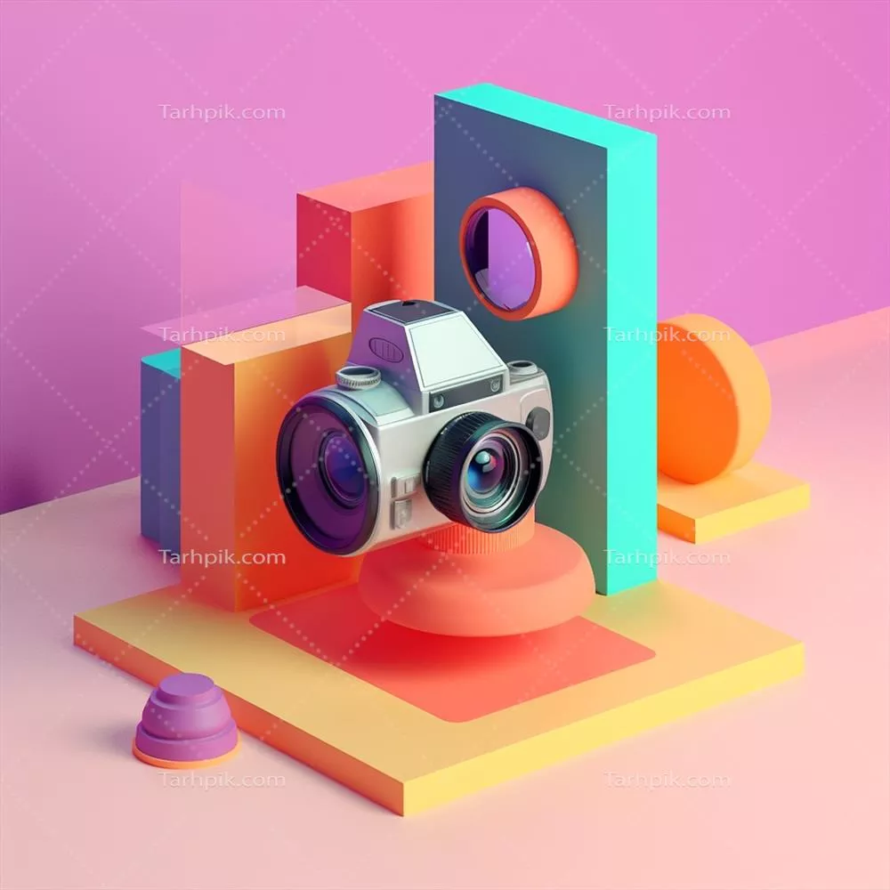 دوربین و اشیاء هندسی با پالت رنگ‌های به‌روز برای تبلیغات با استفاده از هوش مصنوعی مولد