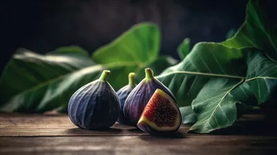 تصویر زیبای میوههای انجیر رسیده با برگ، تازه و ارگانیک بر روی میز چوبی