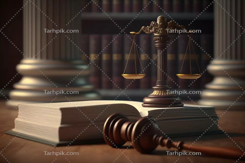 کتاب قانون باز شده با مقیاس عدالت و ستون یونانی در پس‌زمینه - تولید شده با هوش مصنوعی