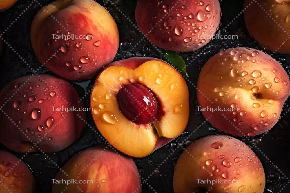 عکس نزدیک از هلو تازه با قطرات آب برای استفاده در غذاهای سالم و فصلی