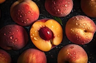 عکس نزدیک از هلو تازه با قطرات آب برای استفاده در غذاهای سالم و فصلی