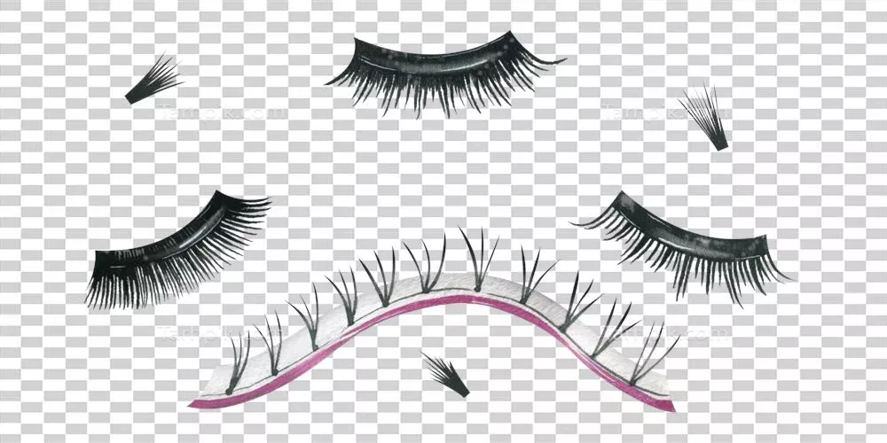 حاشیه مژه های جعلی چسبی و اکستنشن مشکی در بسته بندی و بند آب رنگی – مجموعه ای از اشیاء دست کشیده زینتی برای سالن های زیبایی