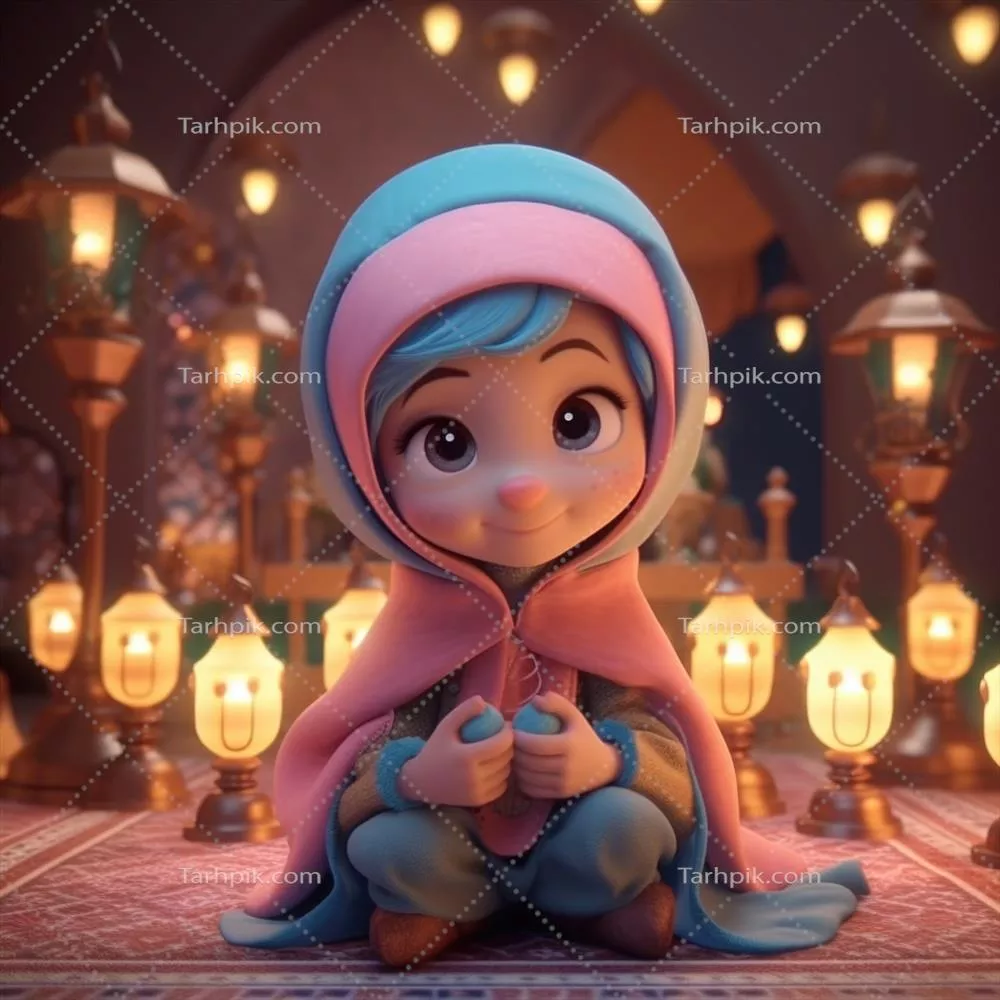 شخصیت دختر مسلمان با چادر در سبک دیزنی و پسزمینهای از لامپهای نورانی - مفهوم عید مبارک