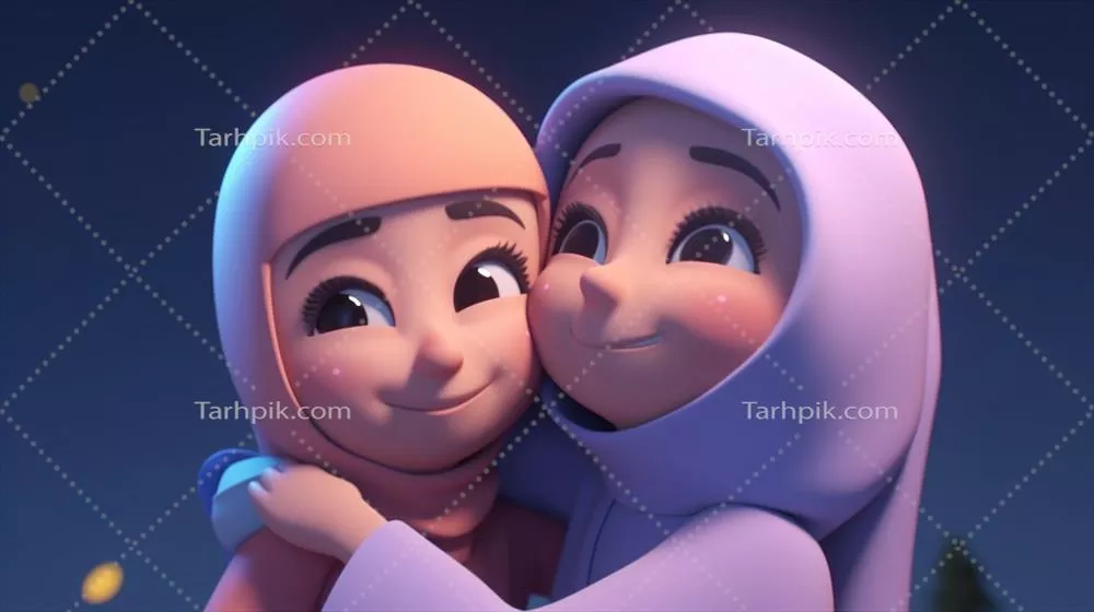 شخصیت دختر مسلمان با حجاب و طراحی جذاب دیزنی در حالت بغل کردن – concept Eid Mubarak