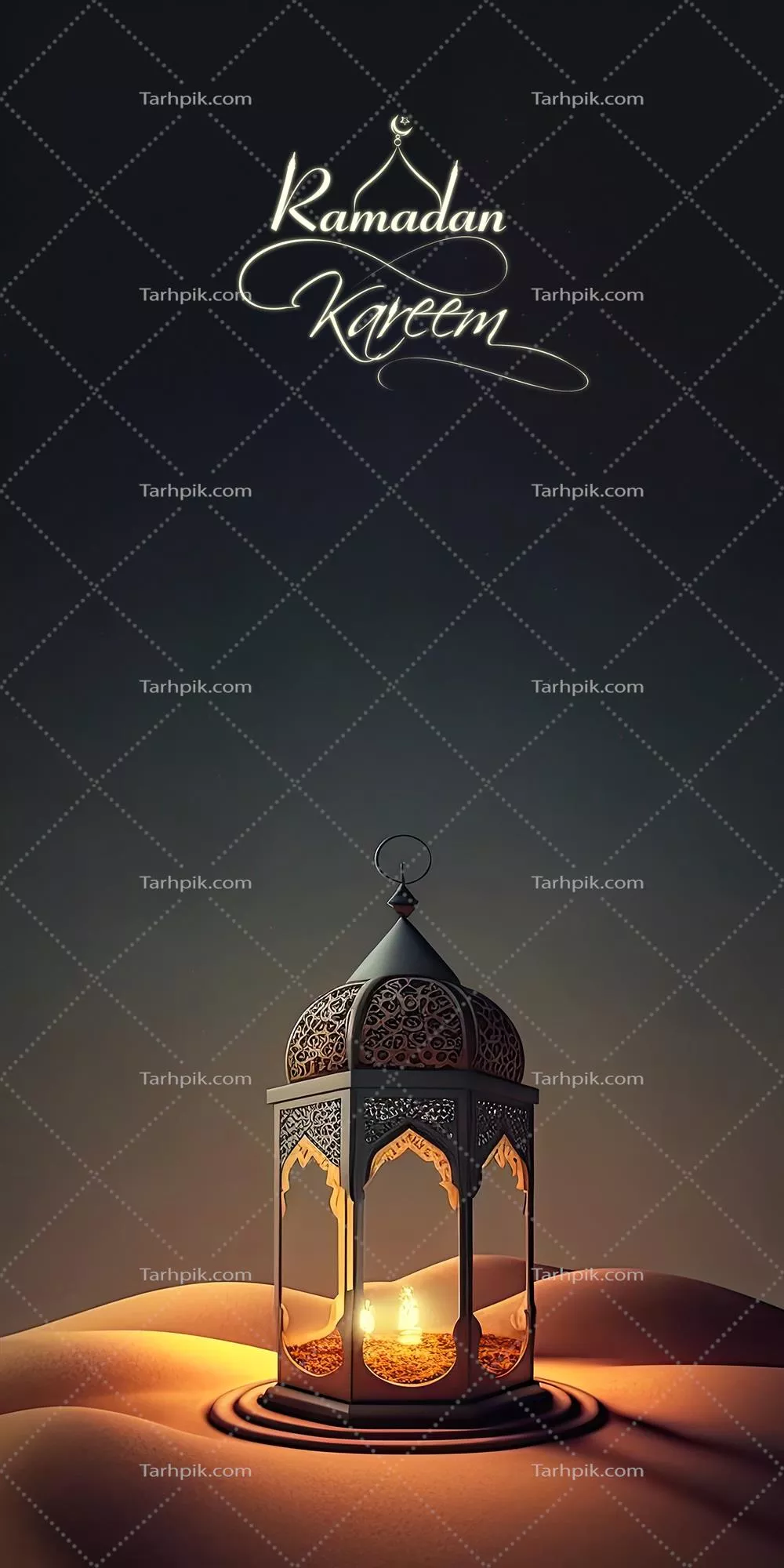 طراحی بنر رمضان کریم با افکت سه بعدی و چراغ عربی طلایی در تپههای شنی