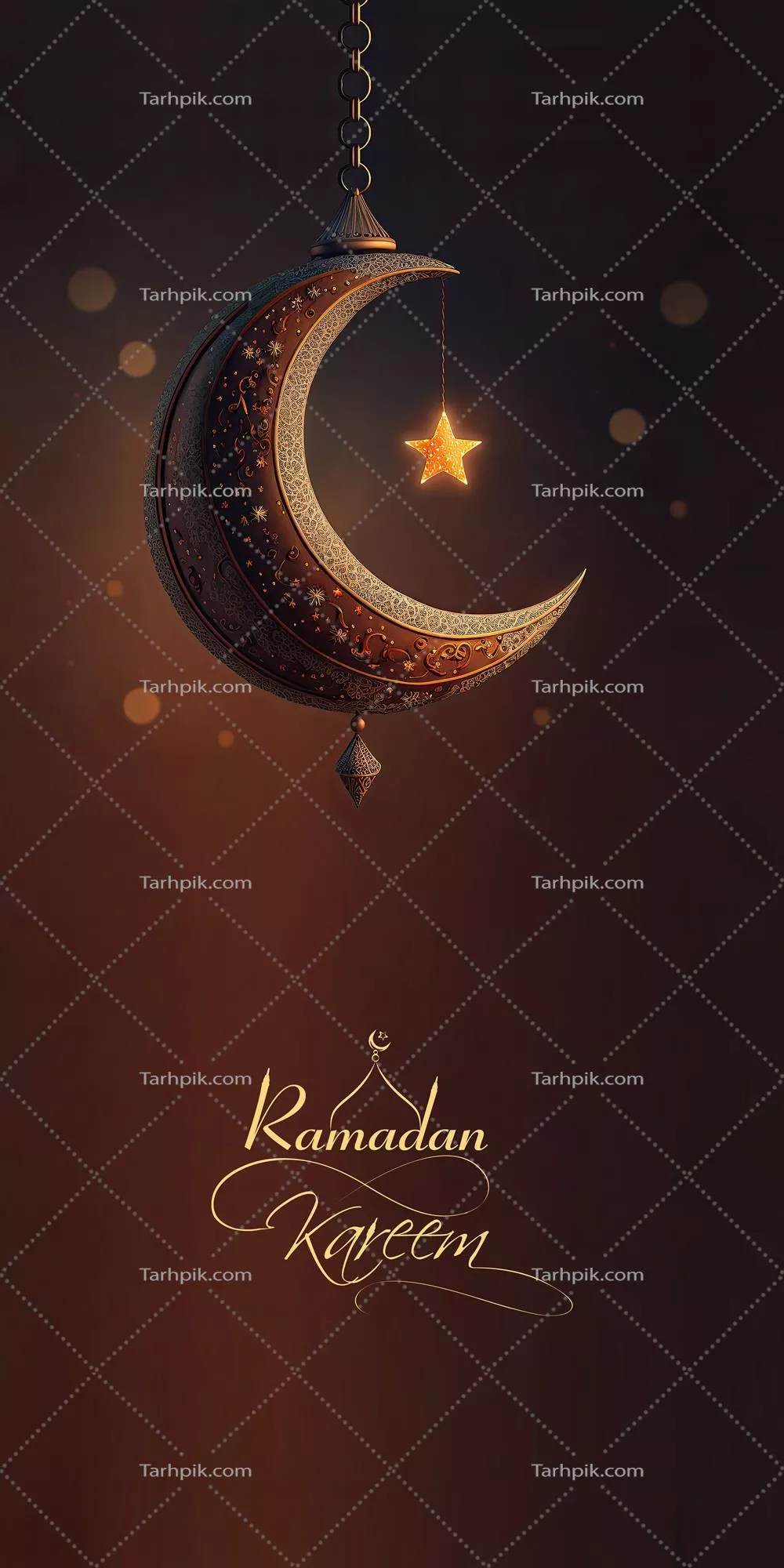 طراحی بنر رمضان کریم با رندر سه‌بعدی ماه هلال آویزان و ستاره درخشان در پس‌زمینه تاریک با افکت بوکه