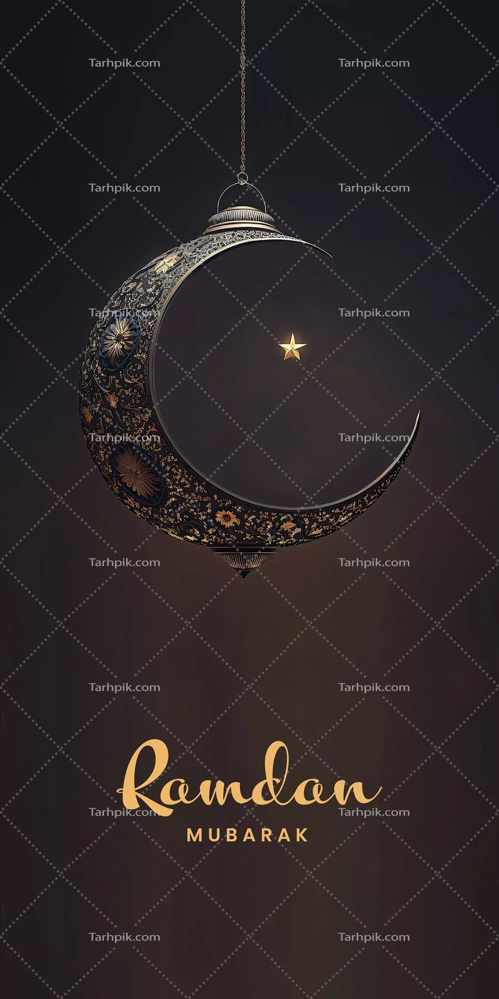 طراحی بنر مبارک رمضان با رندر سه بعدی هلال و ستاره زیبا بر روی پس زمینه سیاه