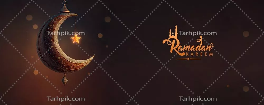 طراحی بنر رمضان کریم با رندر 3D ماه هلال آویزان و ستاره درخشان بر روی پس‌زمینه تاریک با افکت بوکه