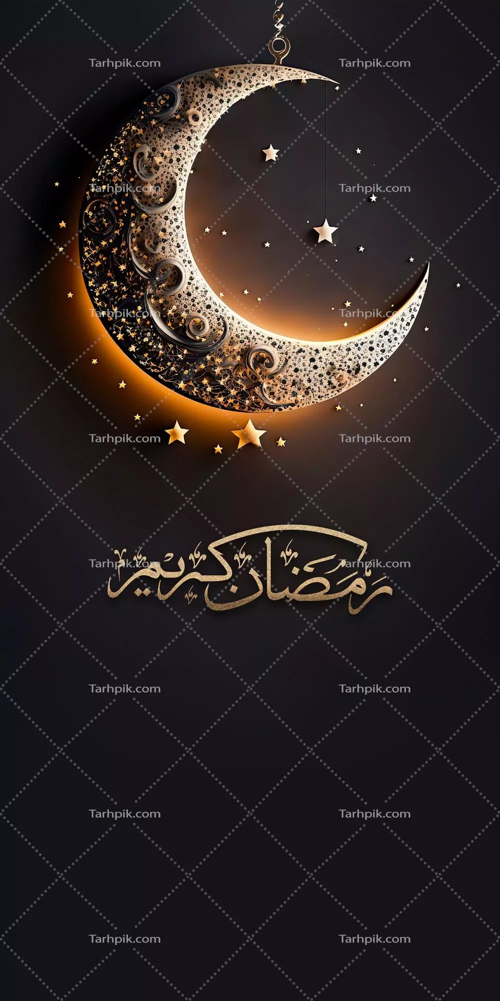 طرح بنر هنری خطاطی عربی رمضان کریم با ماه هلال سهبعدی و ستارههای آویزان در پسزمینه تاریک