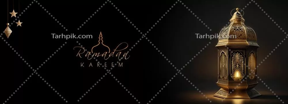 طراحی بنر رمضان کریم با رندر سهبعدی لامپ عربی روشن بر روی پسزمینه تاریک