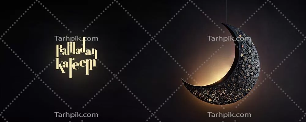 طراحی بنر ماه رمضان کریم با رندر سه بعدی هلال زیبا و معلق بر روی زمینه سیاه