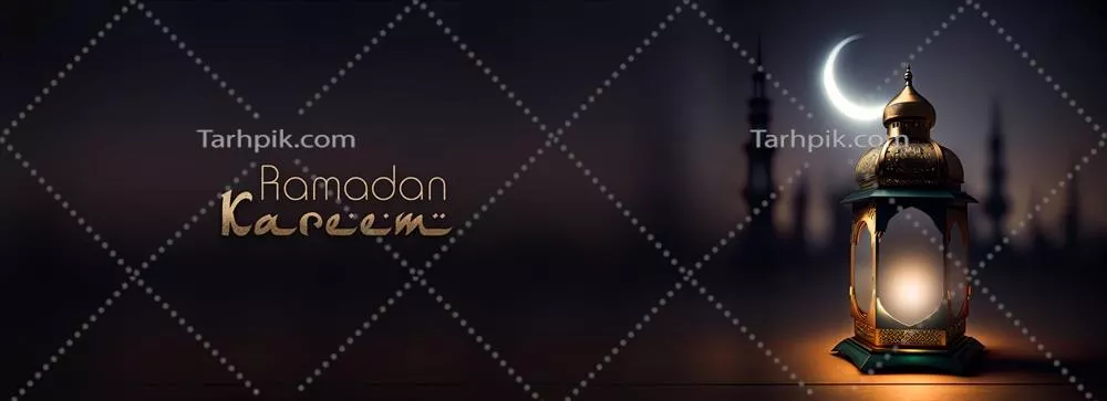 طراحی بنر رمضان کریم با رندر ۳ بعدی فانوس عربی نورانی بر روی پس زمینه هلال شب