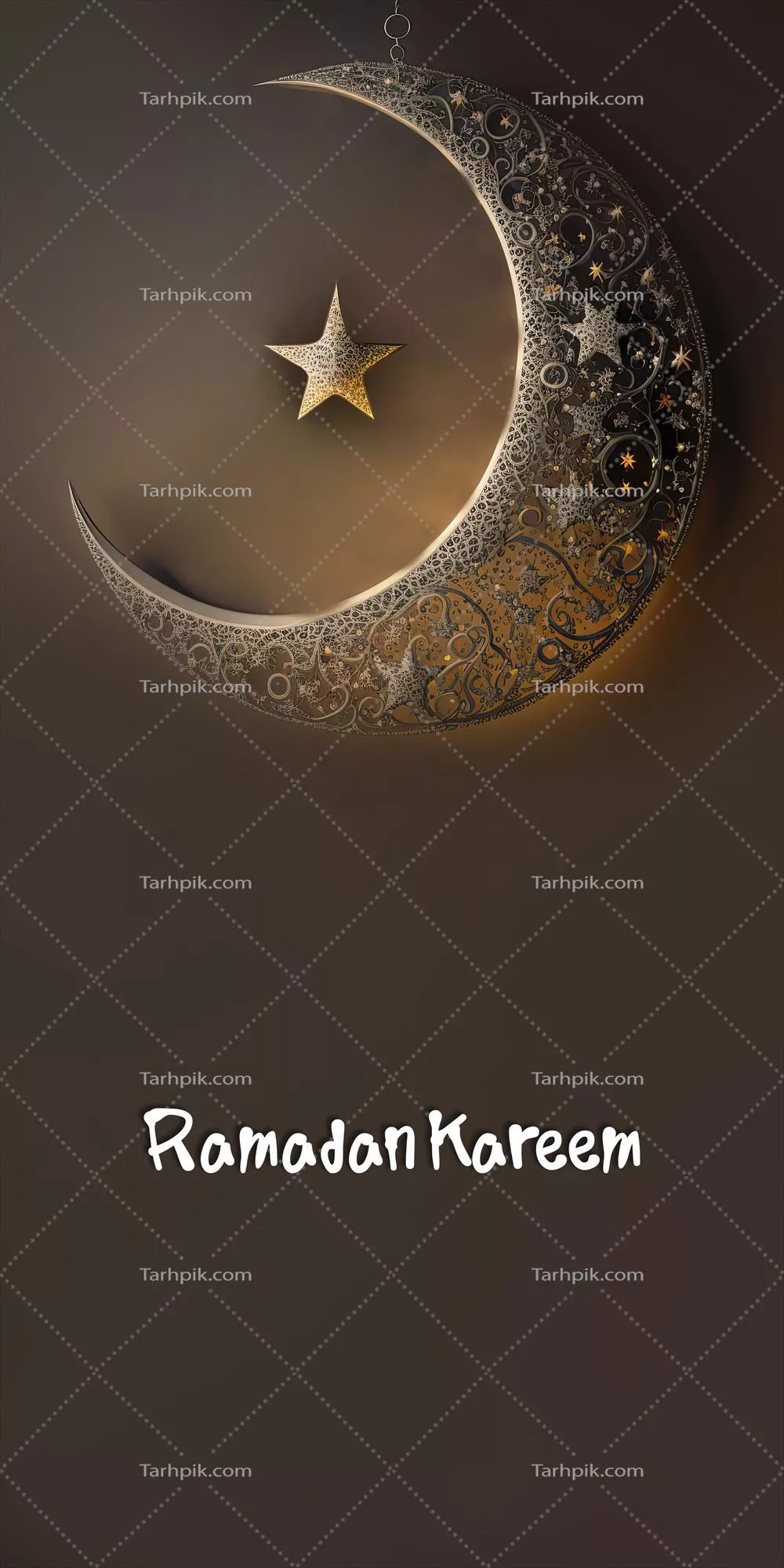 طراحی بنر عمودی ماه رمضان کریم با تصاویر بارز و سه بعدی هلال و ستاره