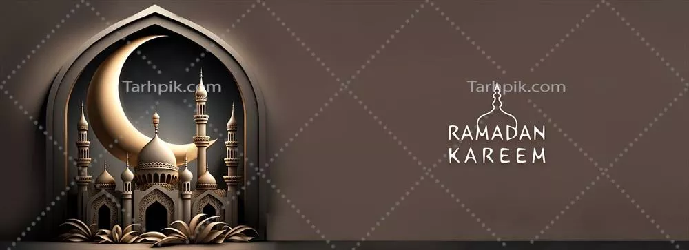 طراحی بنر ماه رمضان کریم با رندر سه بعدی از مسجد شکوهمند و هلال درون شکل پنجره