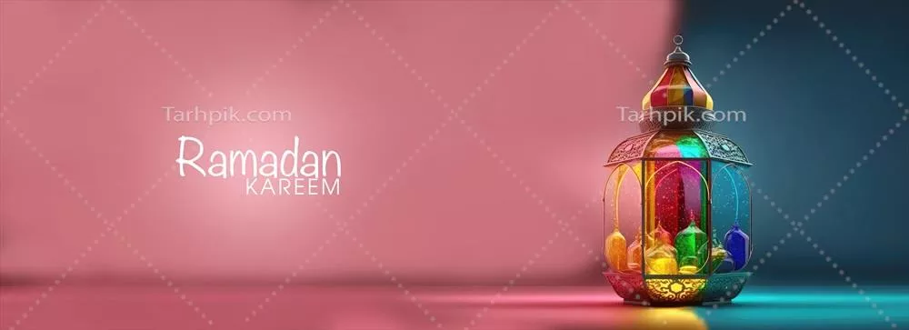 طراحی بنر رمضان کریم با رندر سه بعدی لامپ عربی رنگارنگ بر روی پس زمینه صورتی و آبی