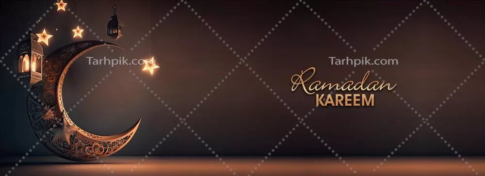 طراحی بنر ماه رمضان با متن طلایی درخشان و ماه هلالی شگفتانگیز