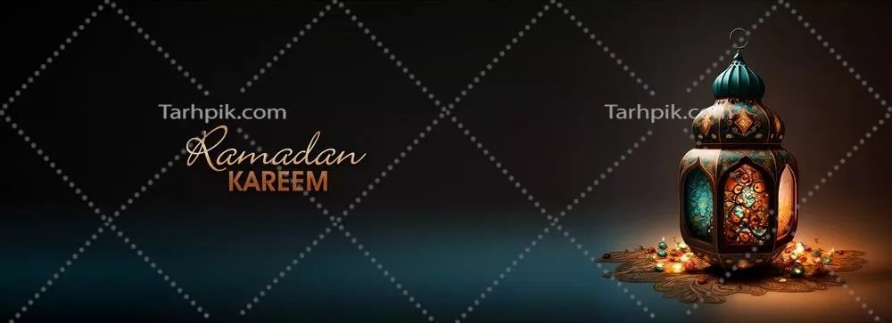 طراحی بنر رمضان کریم با متن طلایی درخشان و چراغ عربی سه بعدی در پس زمینه تاریک