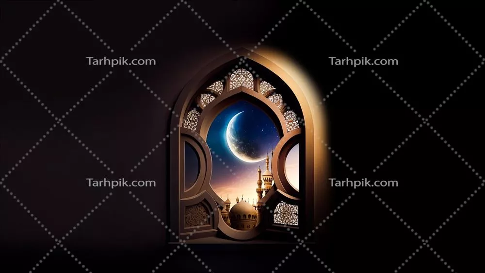 رندر سه بعدی زیبای مسجد با هلال واقعی در داخل پنجره موزاییکی در پس زمینه شب