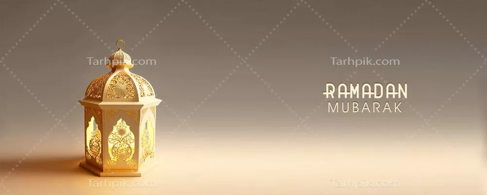طراحی بنر رمضان مبارک با رندر ۳ بعدی چراغ طلایی و نورانی عربی