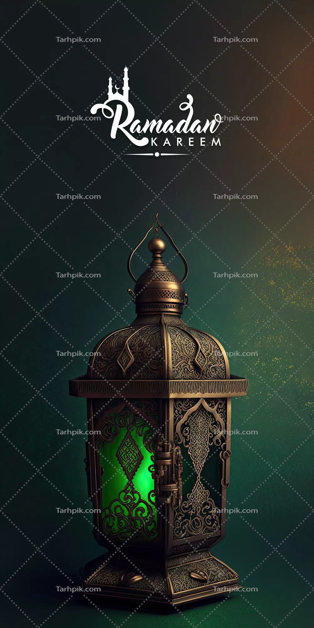 طراحی بنر رمضان کریم با چراغ عربی نورانی در پس زمینه درخشان سبز - رندر سه بعدی