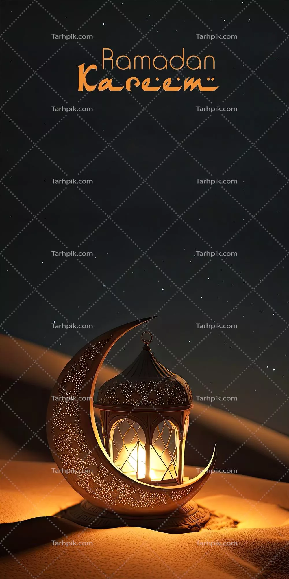 طراحی بنر رمضان مبارک با ماه هلال سه بعدی و چراغ عربی در زیر نور جلسات در تپه‌های شنی