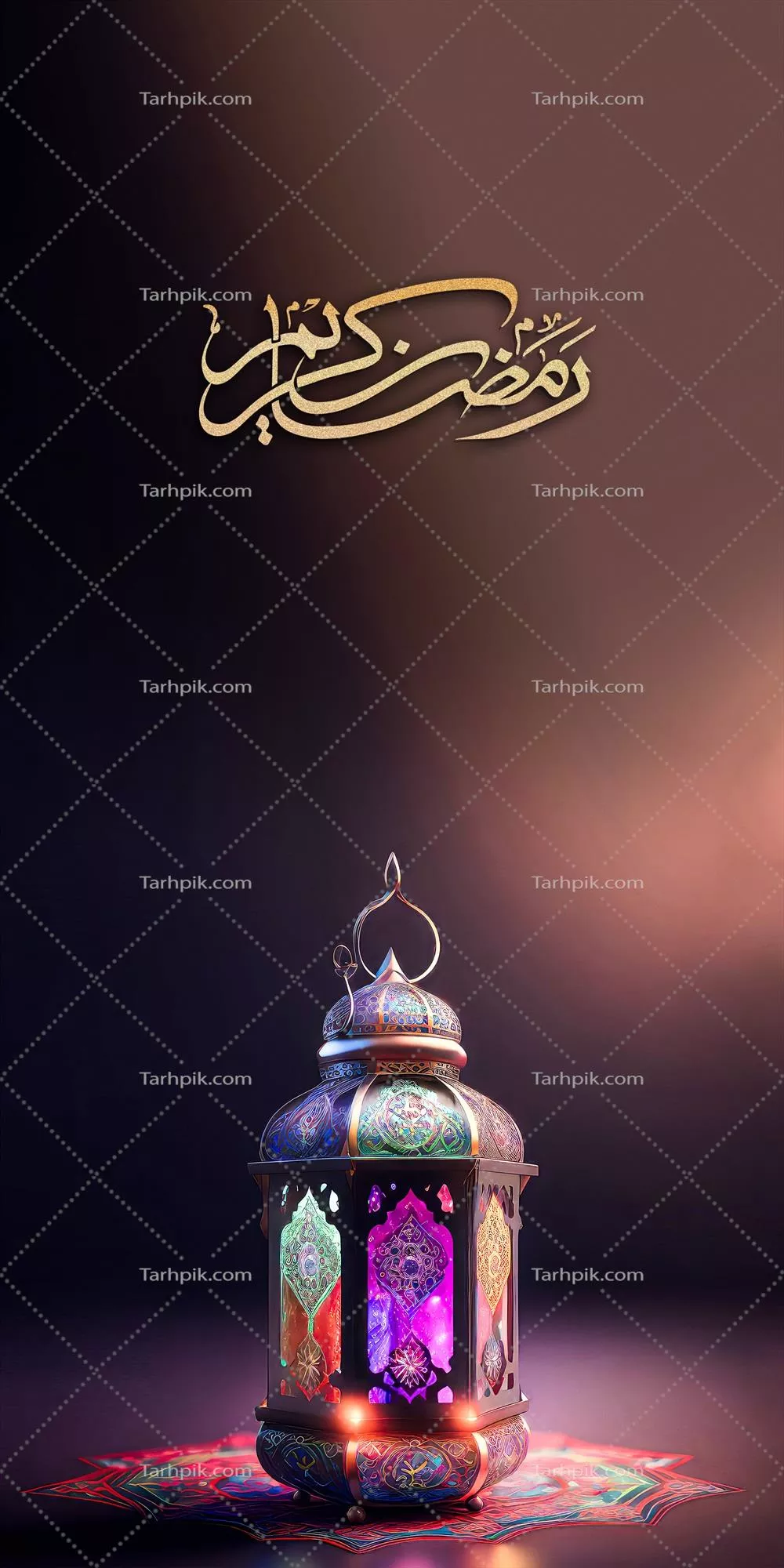 خط عربی با طلای درخشان در ماه رمضان و طراحی بنر یا هدر با چراغ عربی سه بعدی