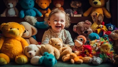 بازی کودک شیرین با یک خرس عروسکی نرم و هدیهای که توسط هوش مصنوعی تولید شده است