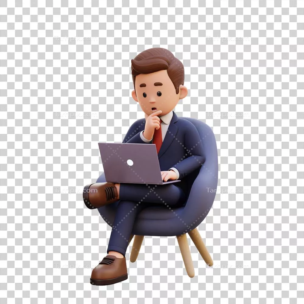 شخصیت سهبعدی مرد نشسته روی مبل و در حال کار با لپتاپ در حالت تفکر