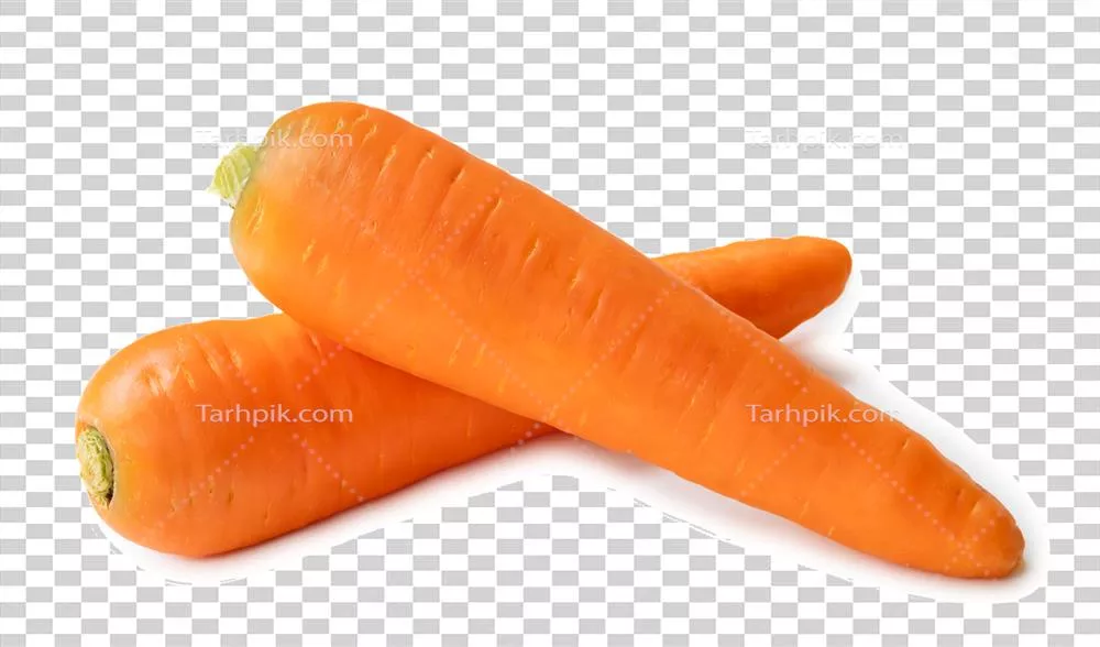 دو هویج نارنجی تازه و سالم در کنار هم با پس‌زمینه شفاف و سایه