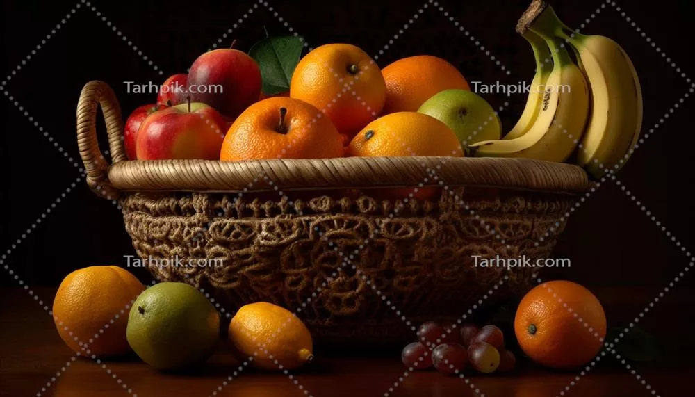 سبد میوه تازه شامل پرتقال، سیب، انگور و موز تولید شده توسط هوش مصنوعی