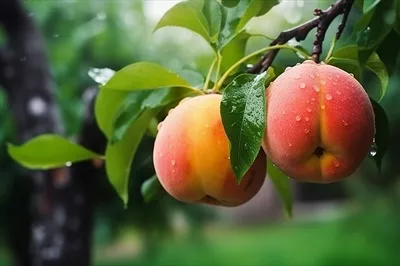 درخت هلو با قطرات باران در باغ تابستانی؛ میوههای تازه و خوشمزه و سالم